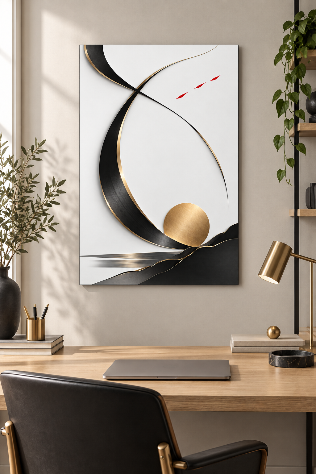 Kranich als Schwung in Schwarz und Gold – Alu-Dibond Bild