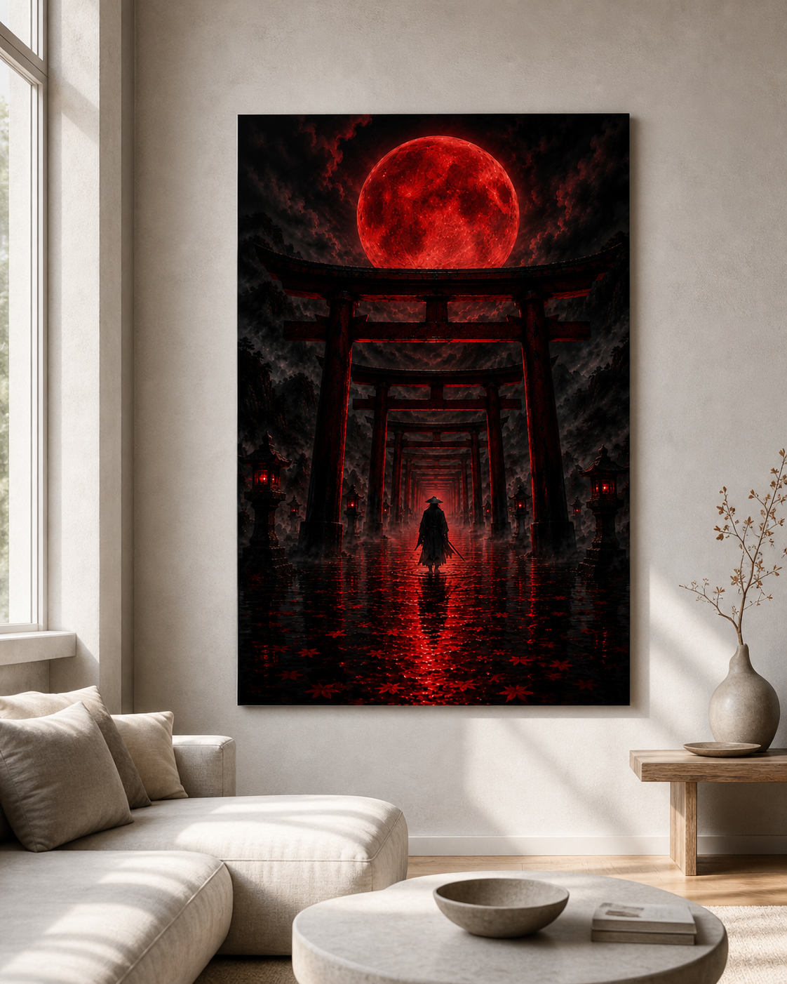 Torii-Tunnel mit Blutmond | Samurai Japan auf Alu-Dibond