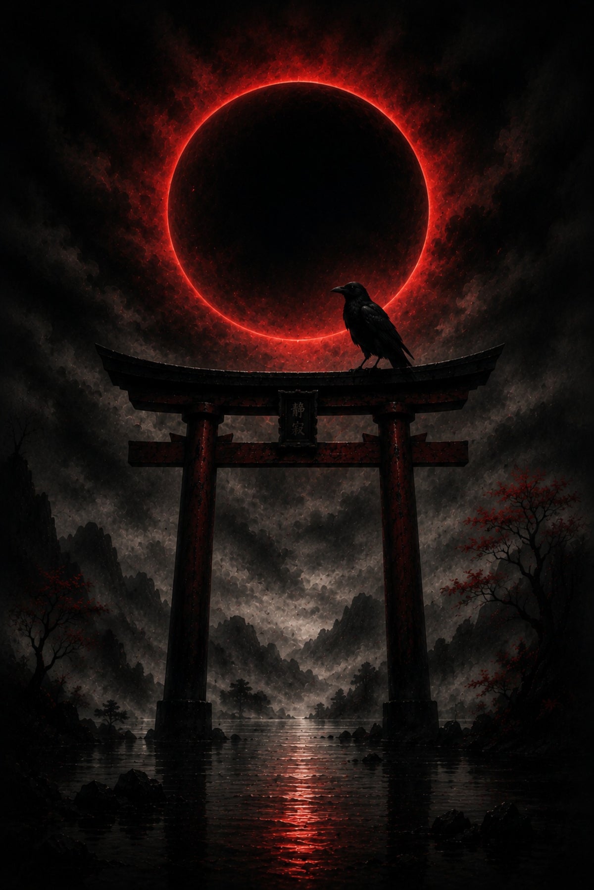 Torii-Tor bei Nacht mit Krähe | Blutmond auf Alu-Dibond