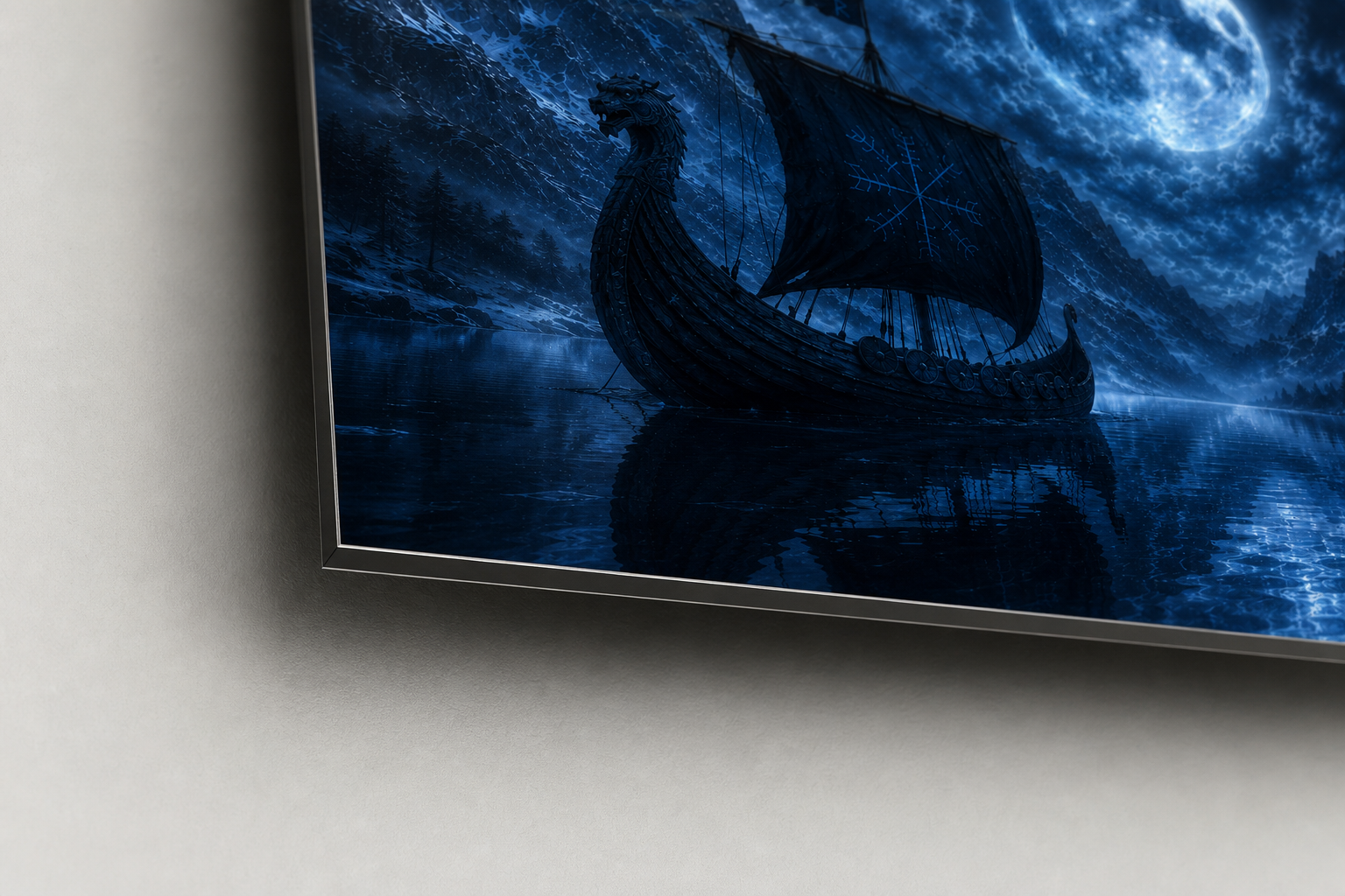 Wikingerschiff unter Vollmond | Nordisches Alu-Dibond Wandbild