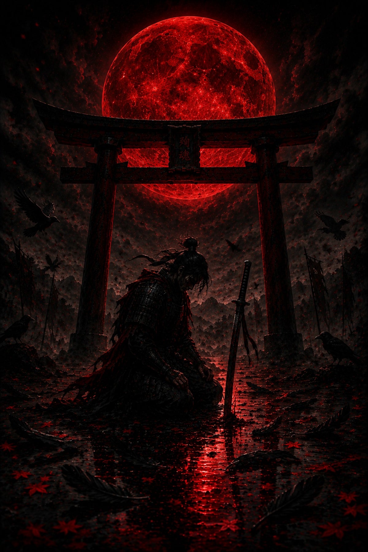 Kniender Samurai mit Raben | Torii Blutmond auf Alu-Dibond