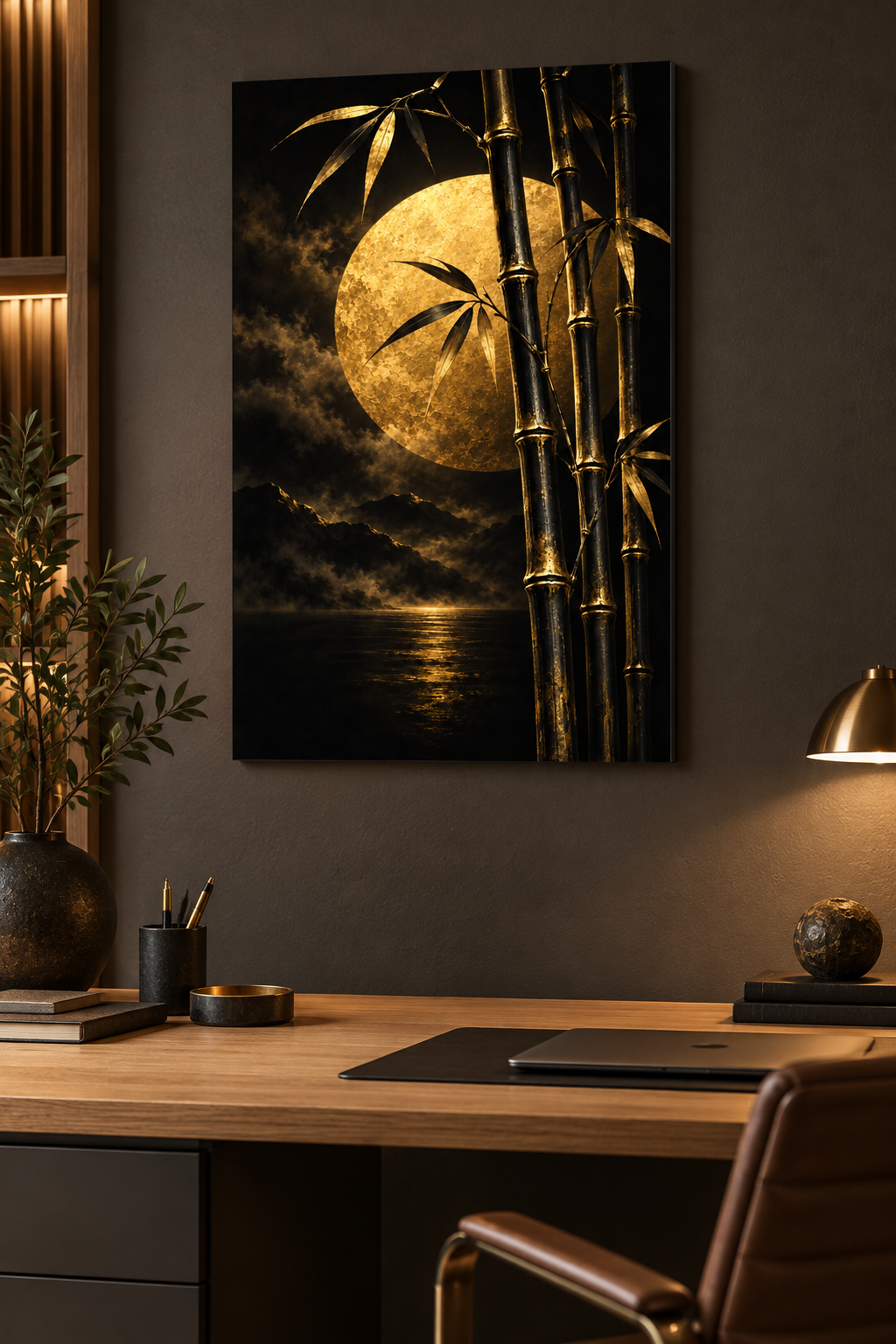 Bambus vor goldenem Mond – Alu-Dibond Wandbild Hochformat