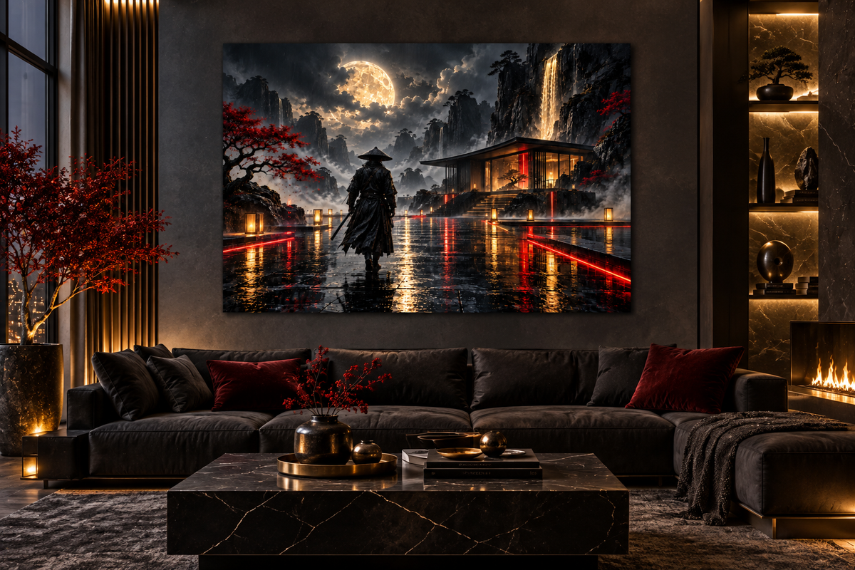 Ronin vor dem Neon-Pavillon – Alu-Dibond Wandbild Querformat