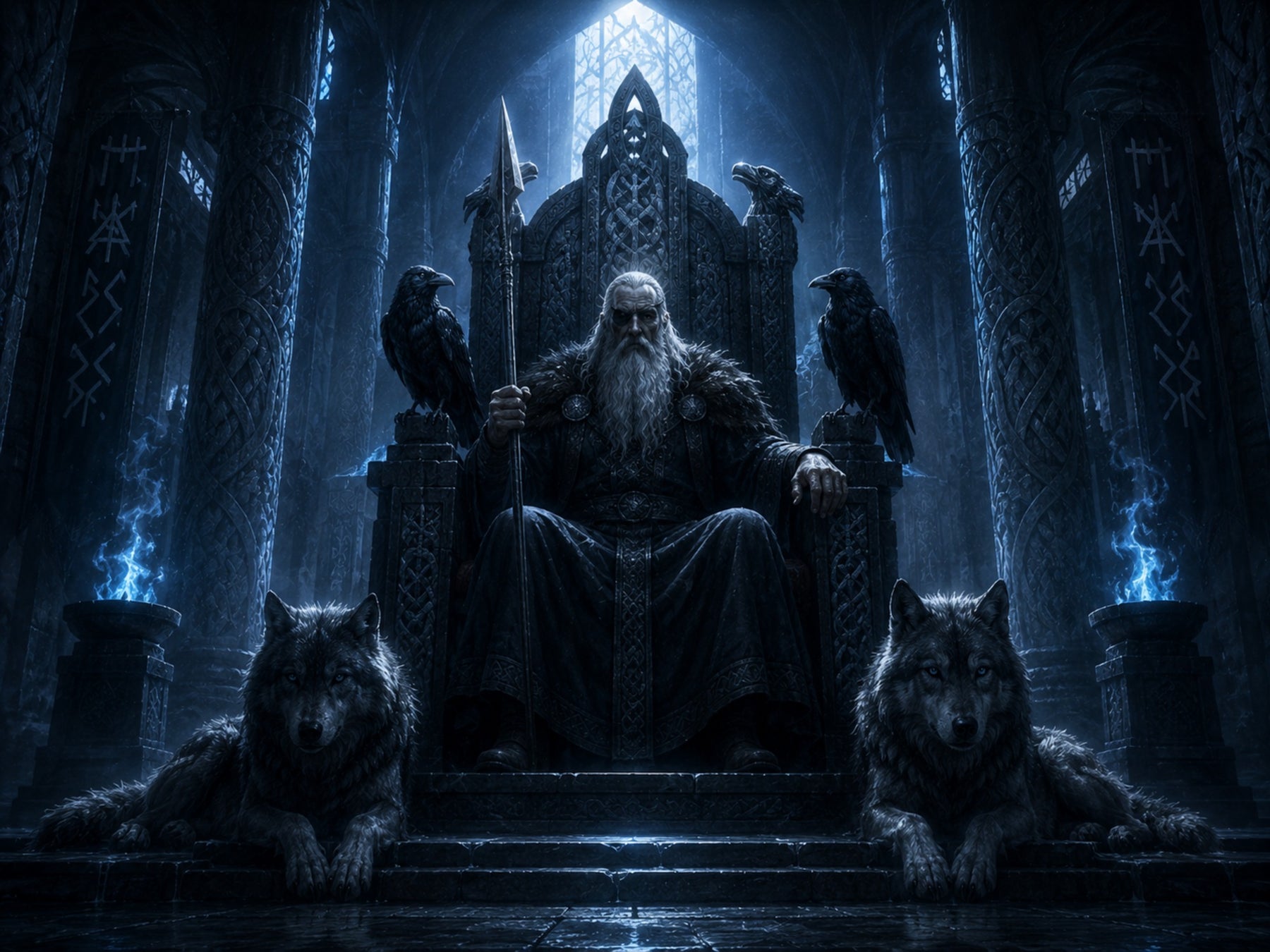 Odin Wandbild mit Raben und Wölfen | Nordische Mythologie auf Alu-Dibond