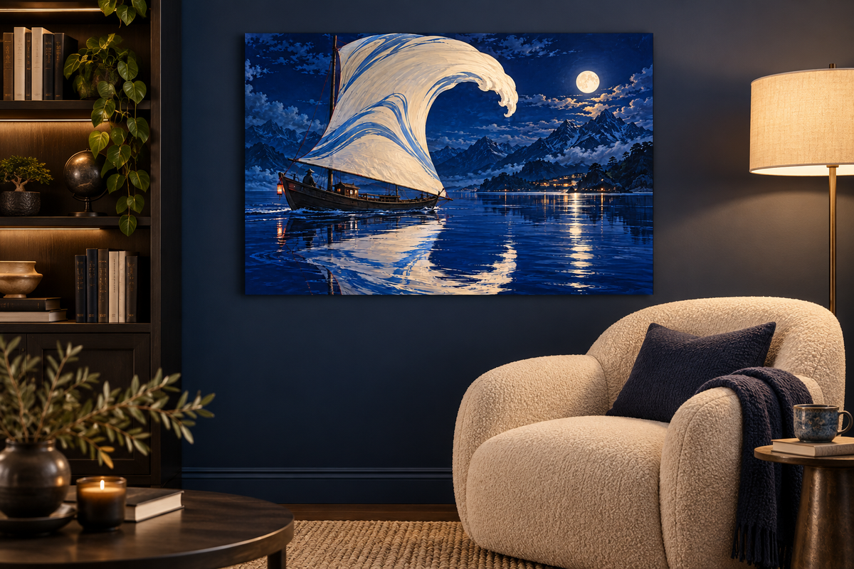 Segel als große Welle vor Vollmond – Alu-Dibond Wandbild