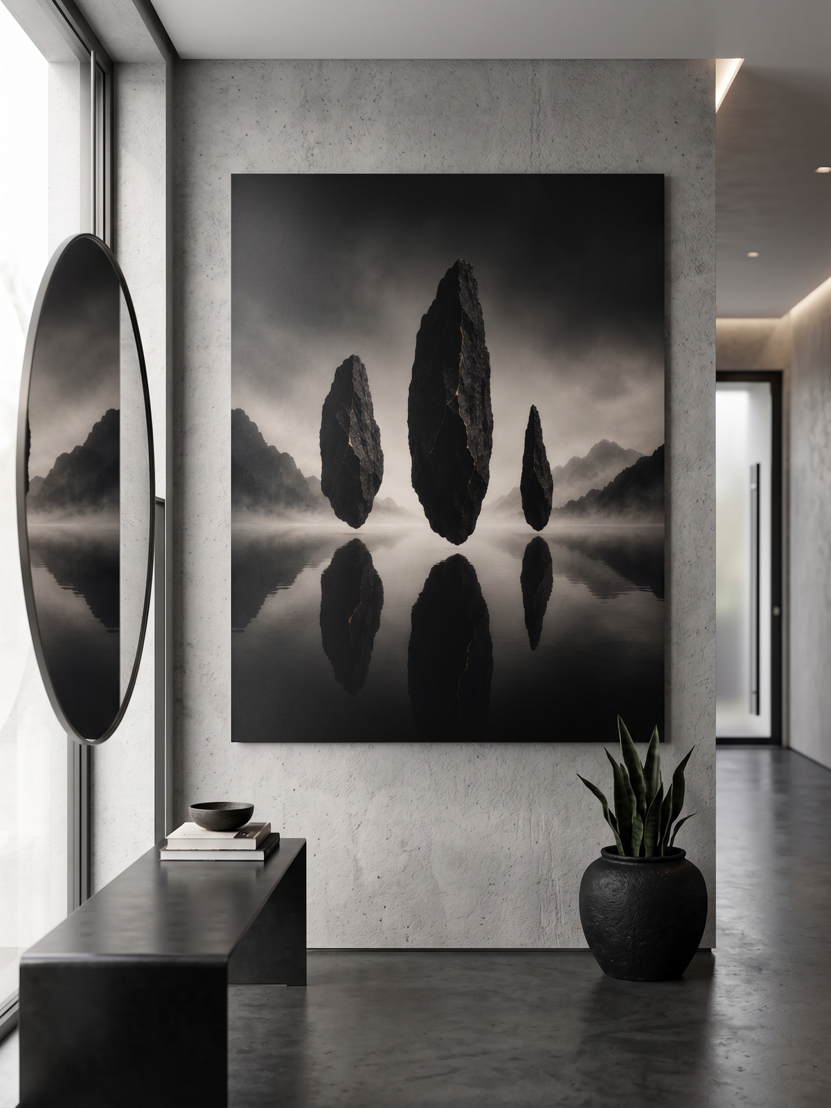 Schwarze Monolithen über Wasser | Stilles Alu-Dibond Wandbild