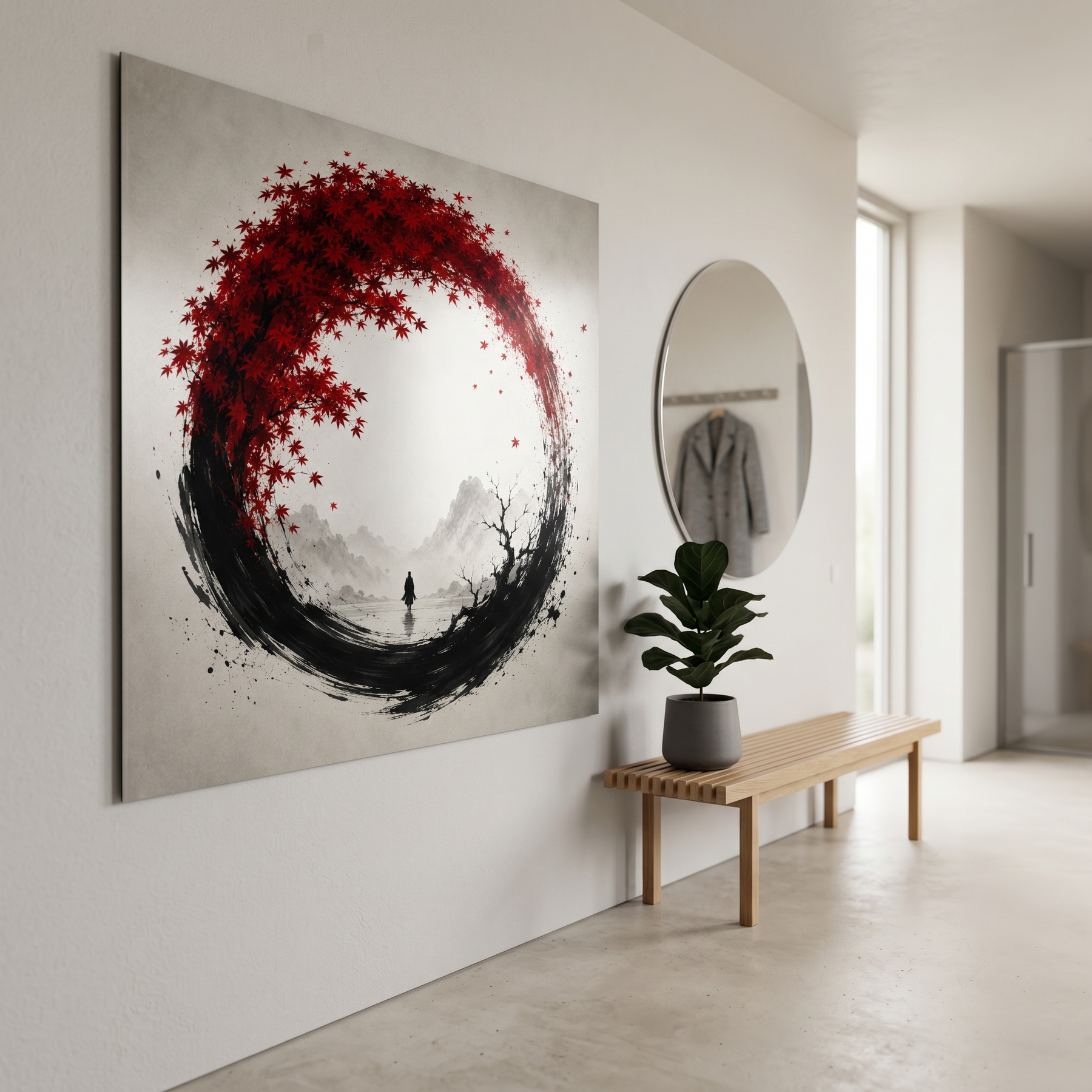 Enso-Kreis mit rotem Ahorn | Ruhiges Japandi Alu-Dibond Wandbild