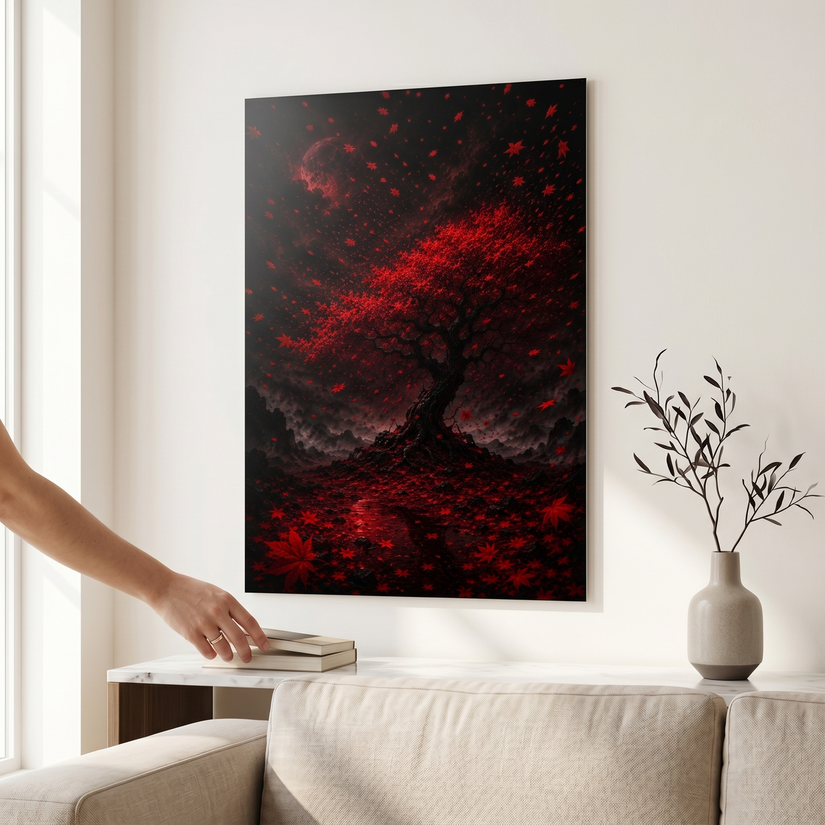 Roter Ahornbaum bei Nacht | Dramatisches Japan Alu-Dibond Wandbild