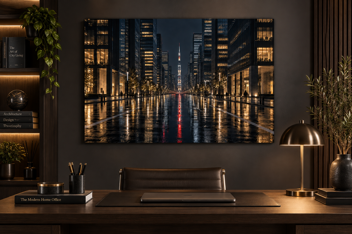 Nächtliche Allee mit Turm – Alu-Dibond Wandbild Stadt
