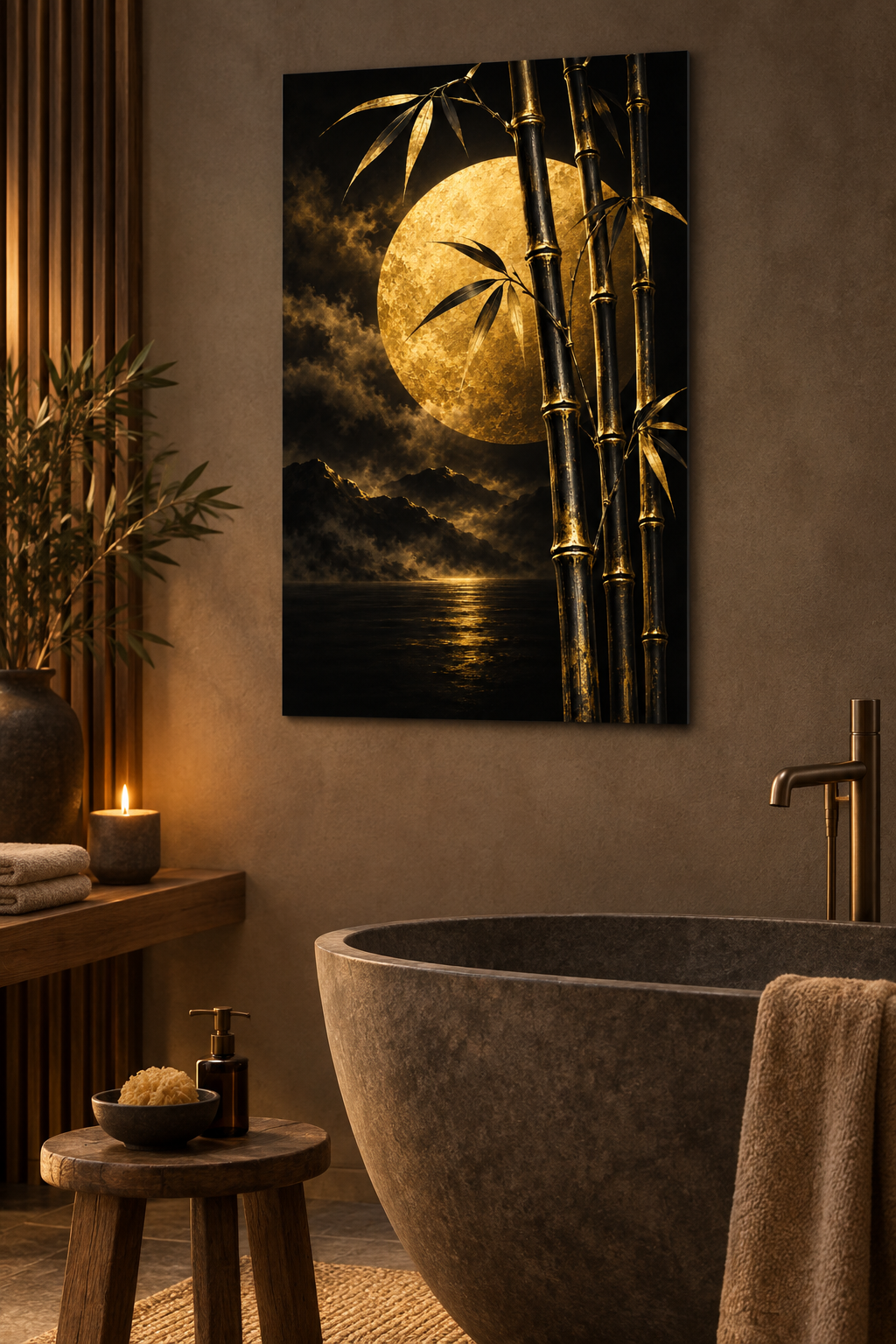Bambus vor goldenem Mond – Alu-Dibond Wandbild Hochformat