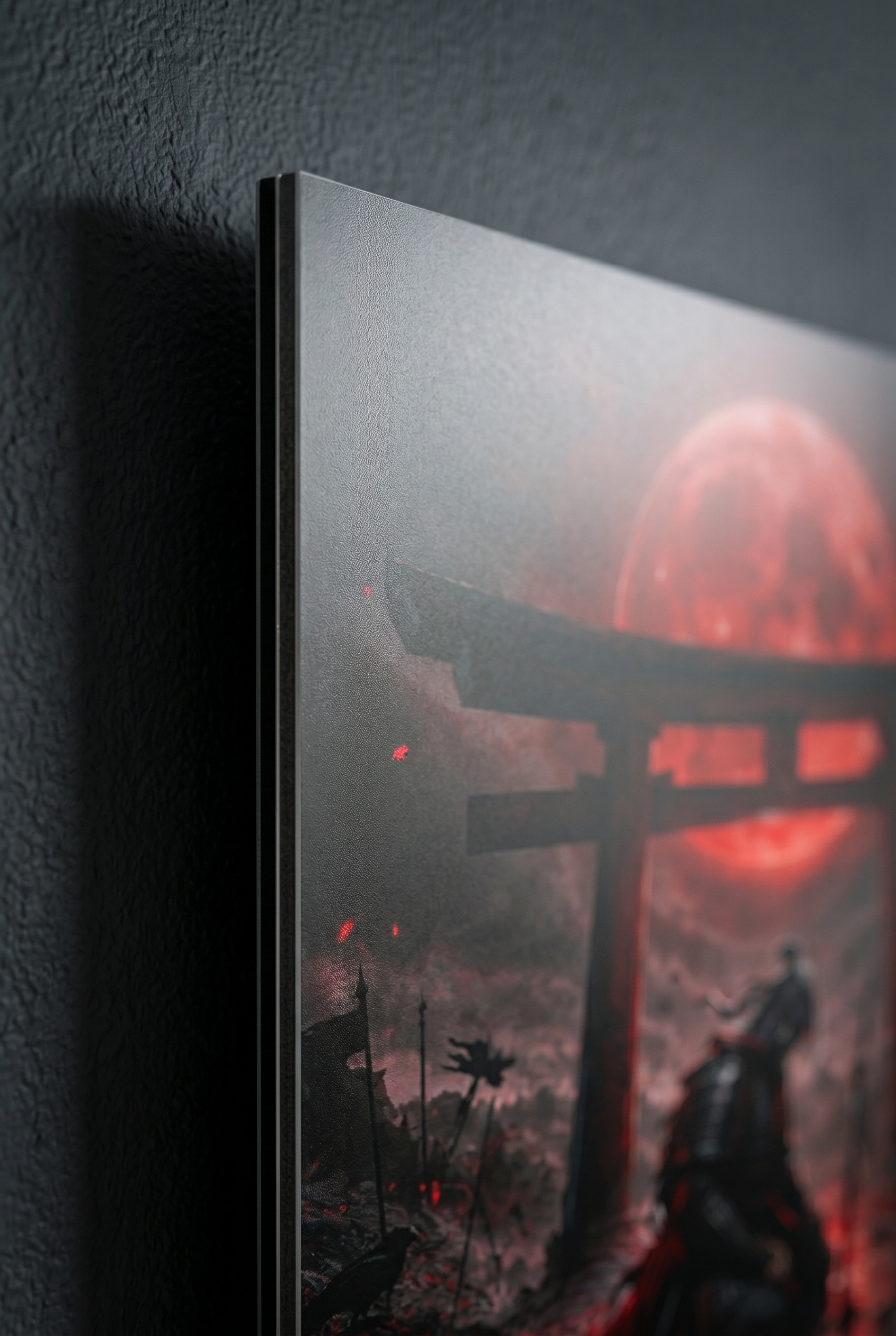 Kniender Samurai mit Raben | Torii Blutmond auf Alu-Dibond