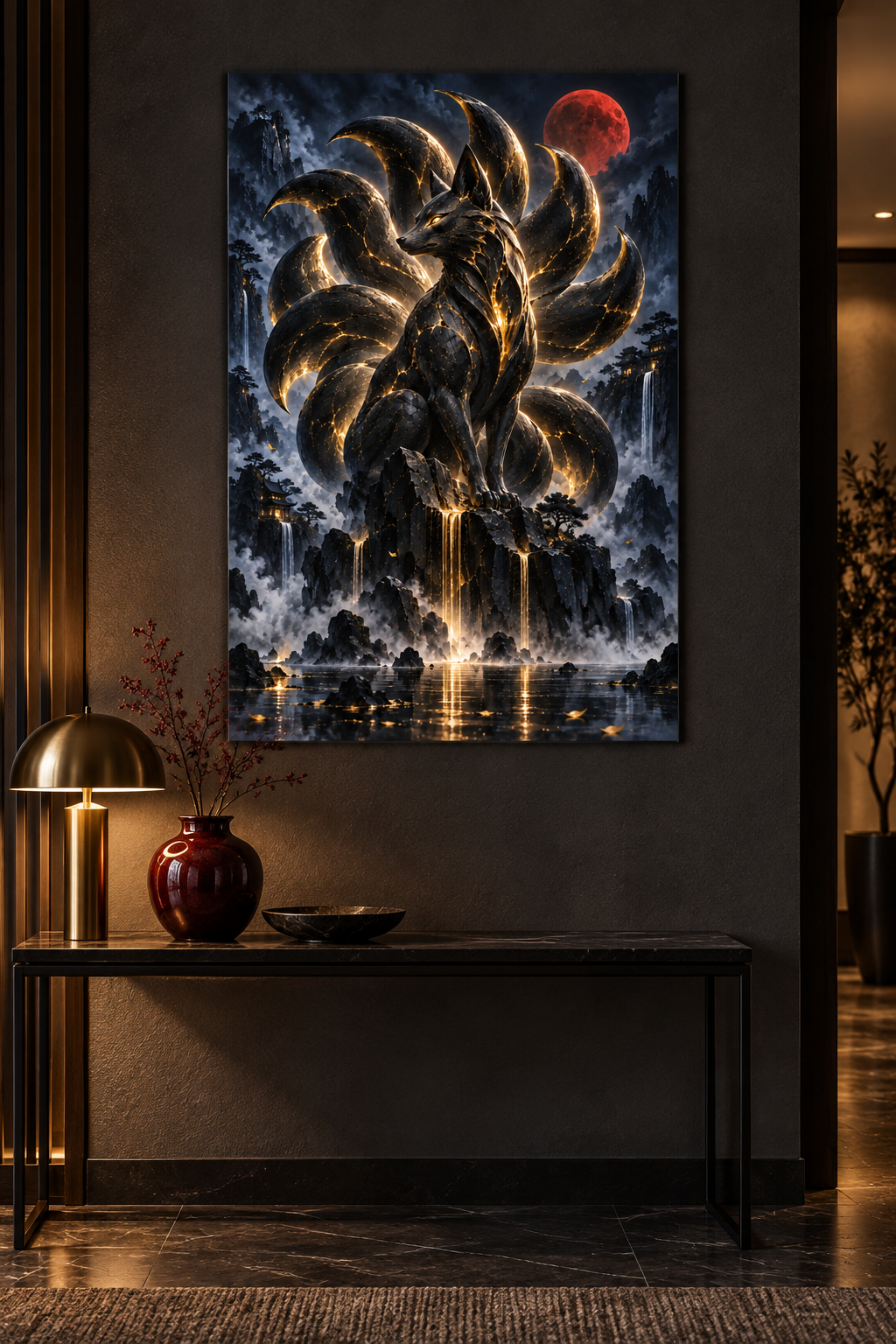 Kitsune und Blutmond – Alu-Dibond Wandbild Hochformat