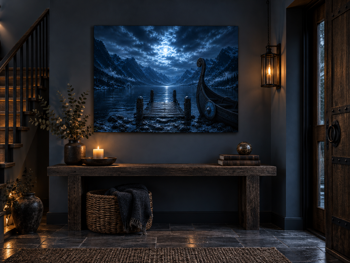 Steg im Mondlicht mit Drachenschiff – Alu-Dibond Wandbild
