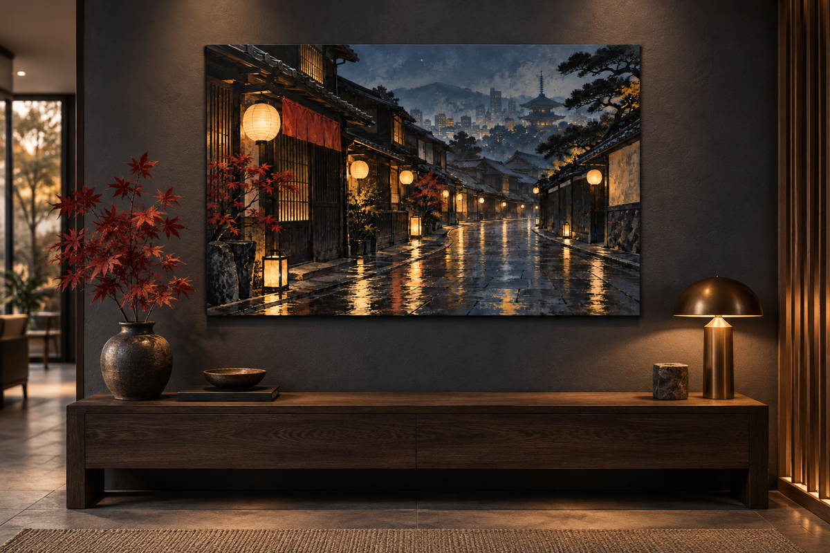 Laternengasse in Kyoto – Alu-Dibond Wandbild bei Nacht