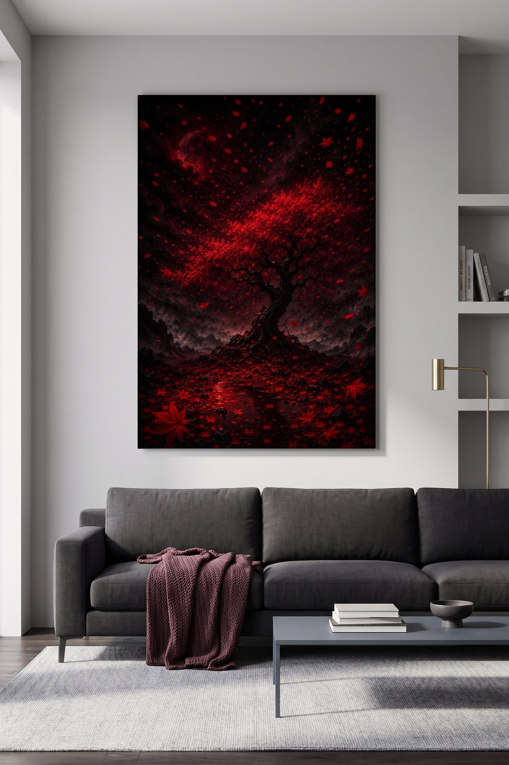 Roter Ahornbaum bei Nacht | Dramatisches Japan Alu-Dibond Wandbild