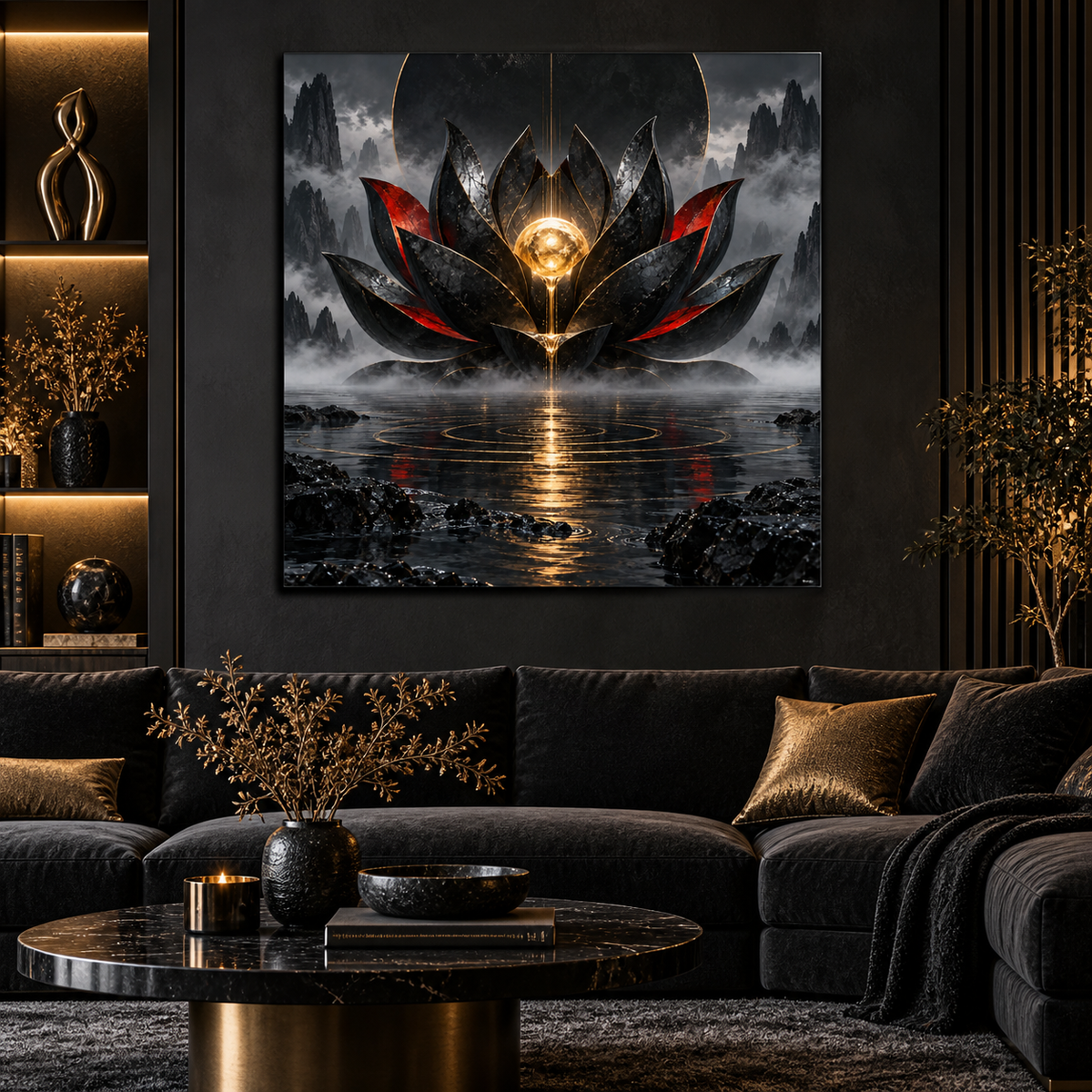 Schwarzer Lotus mit goldenem Kern – Alu-Dibond Wandbild