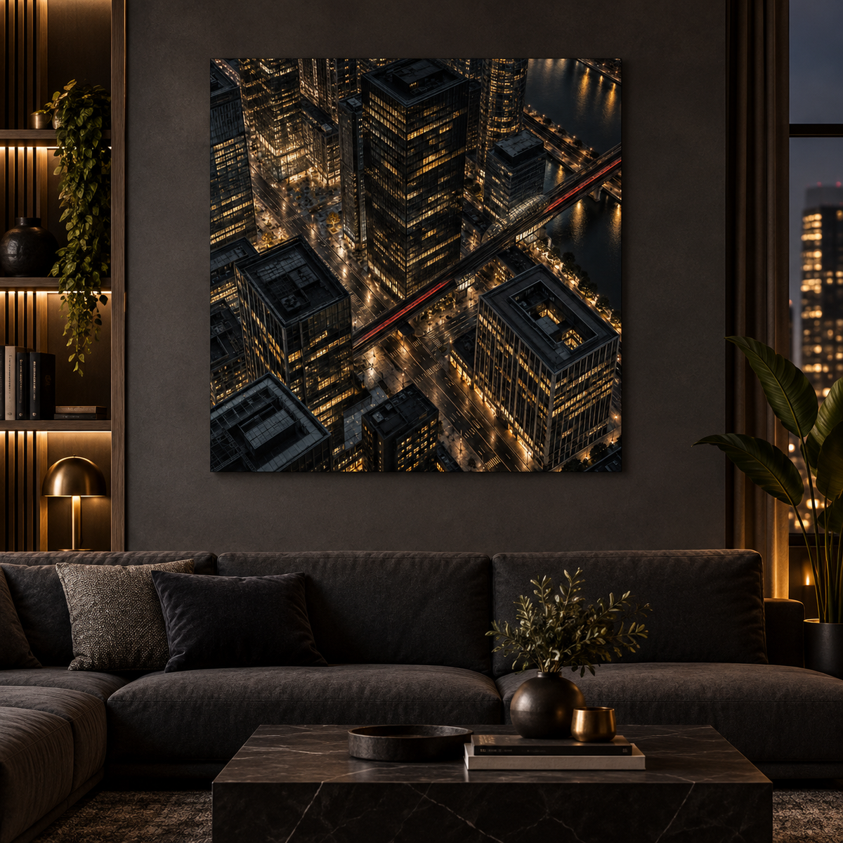 Stadt von oben bei Nacht – Alu-Dibond Wandbild quadratisch