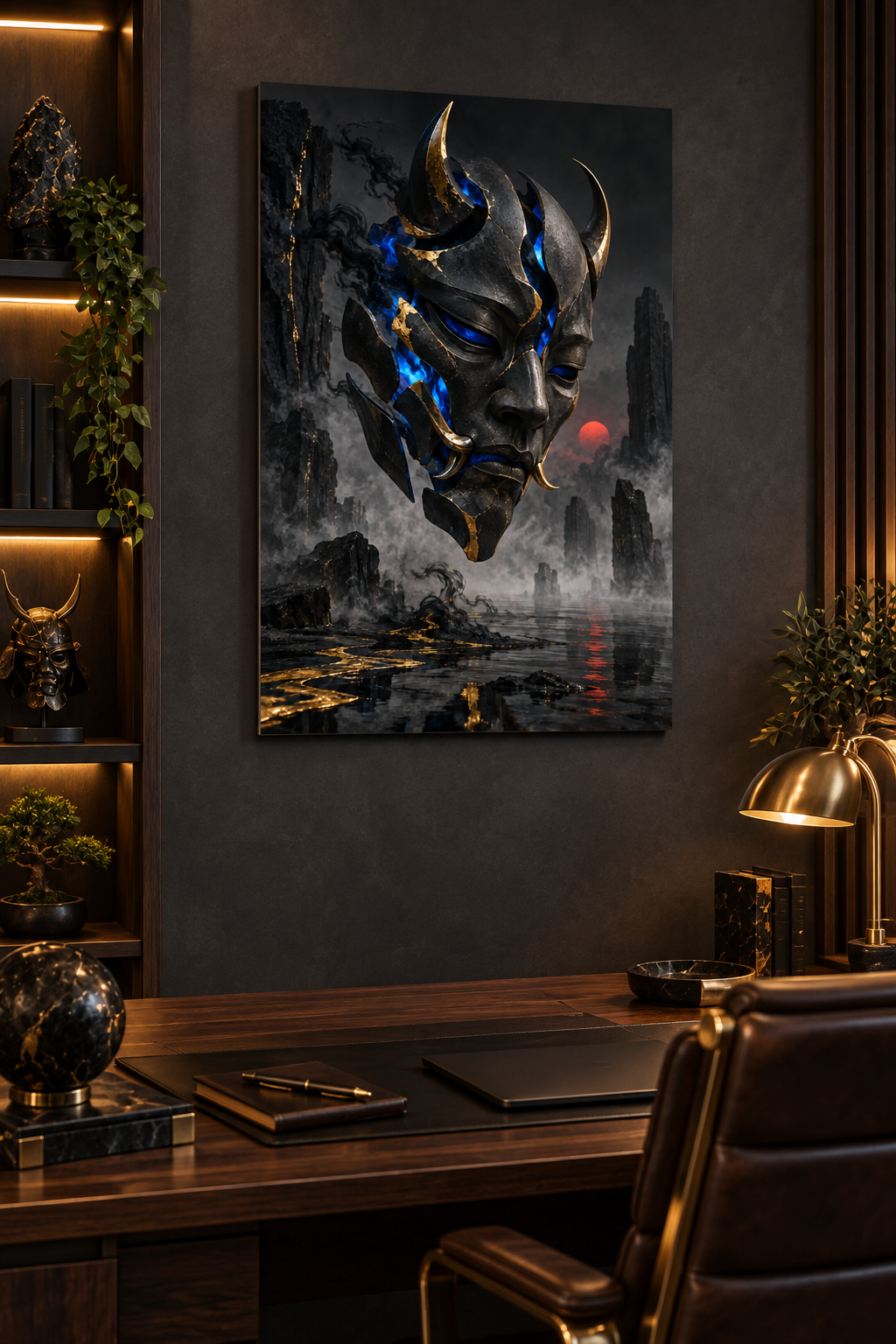 Oni-Maske mit blauer Flamme – Alu-Dibond Wandbild Hochformat