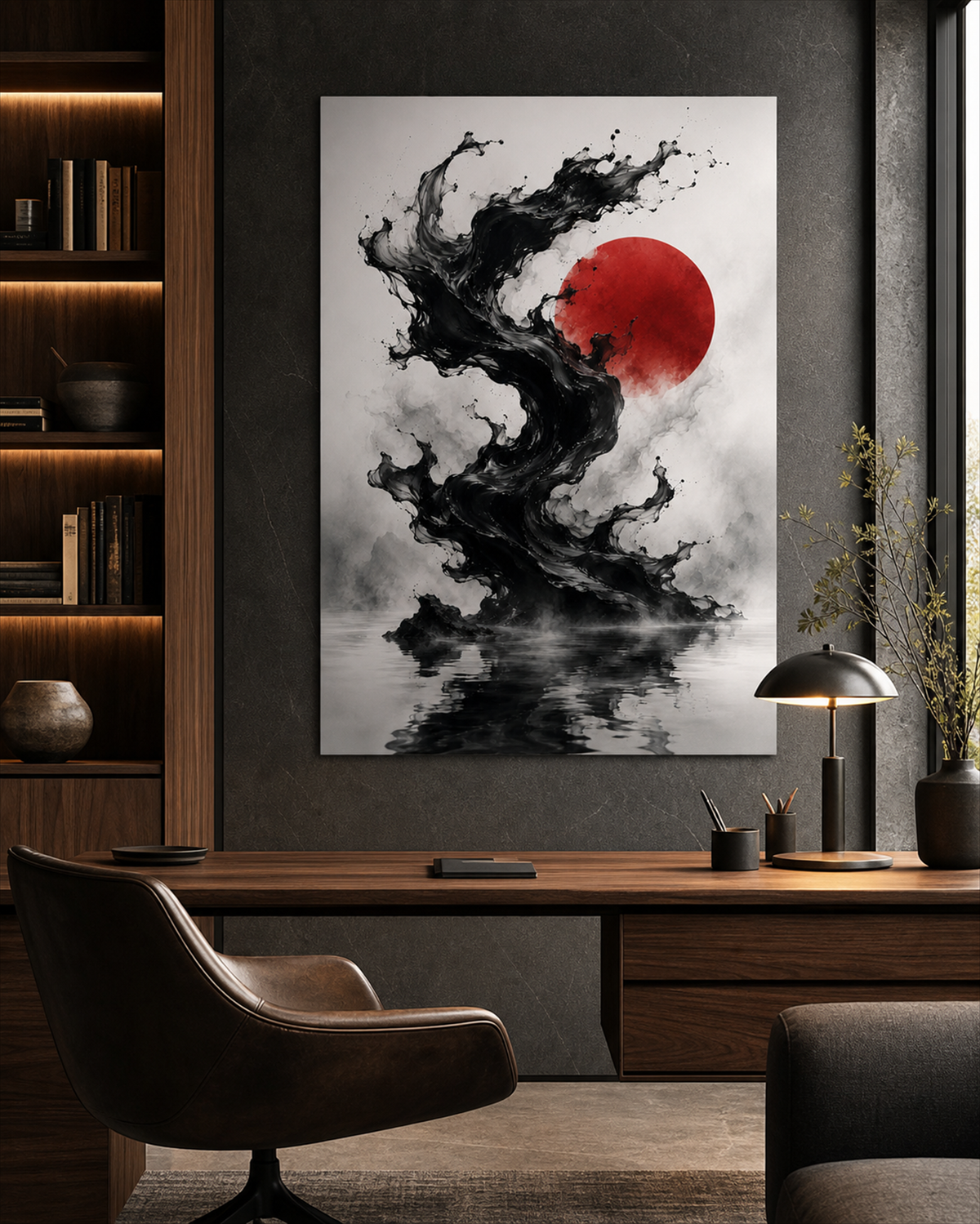 Japanische Tintenwelle mit roter Sonne | Alu-Dibond Wandbild