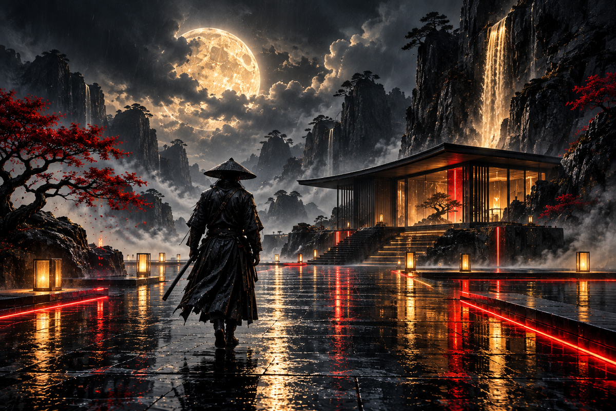 Ronin vor dem Neon-Pavillon – Alu-Dibond Wandbild Querformat
