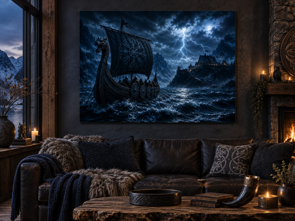Wikingerschiff im Gewitter vor der Halle – Alu-Dibond Bild