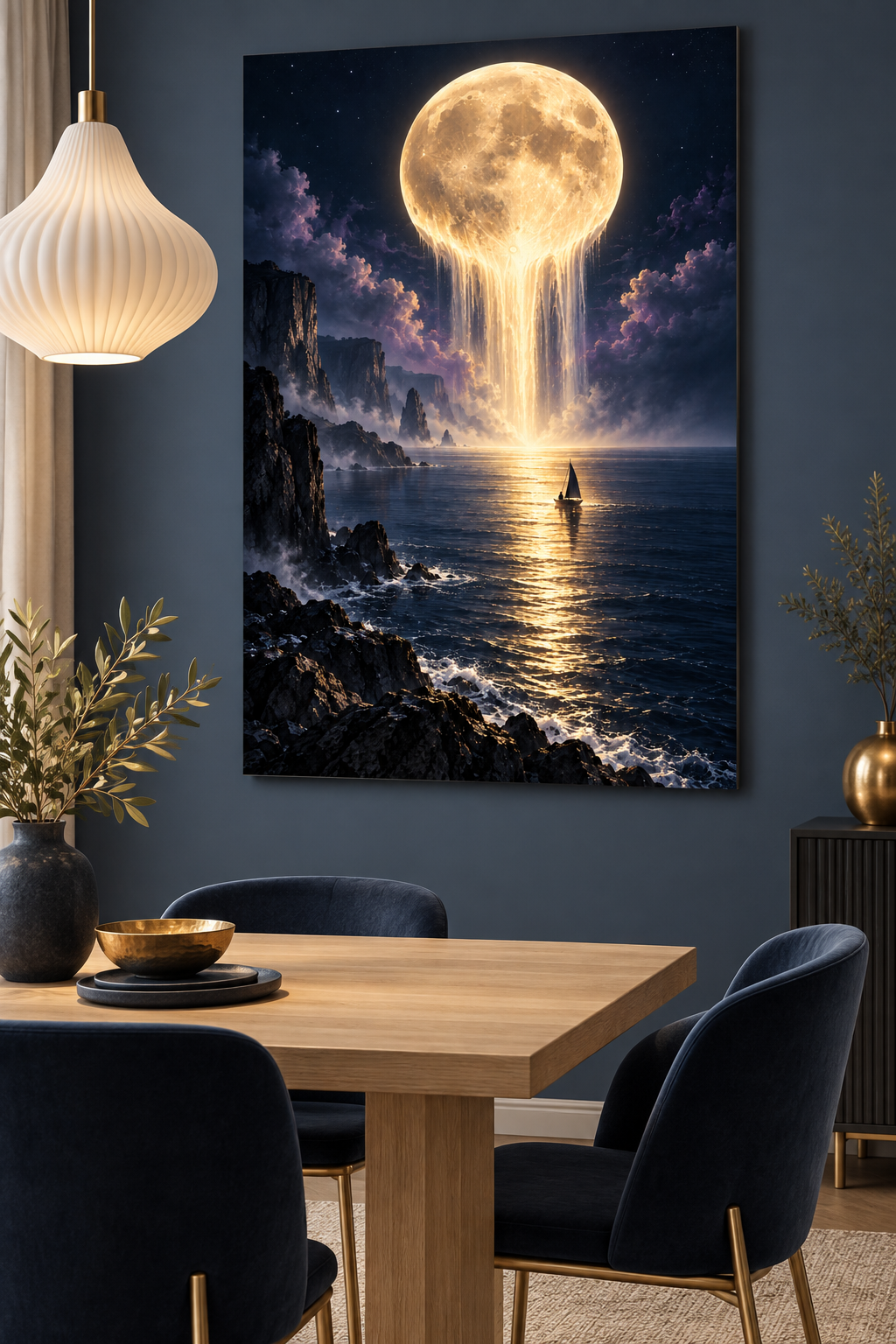 Mond fließt ins Meer – Alu-Dibond Wandbild Hochformat
