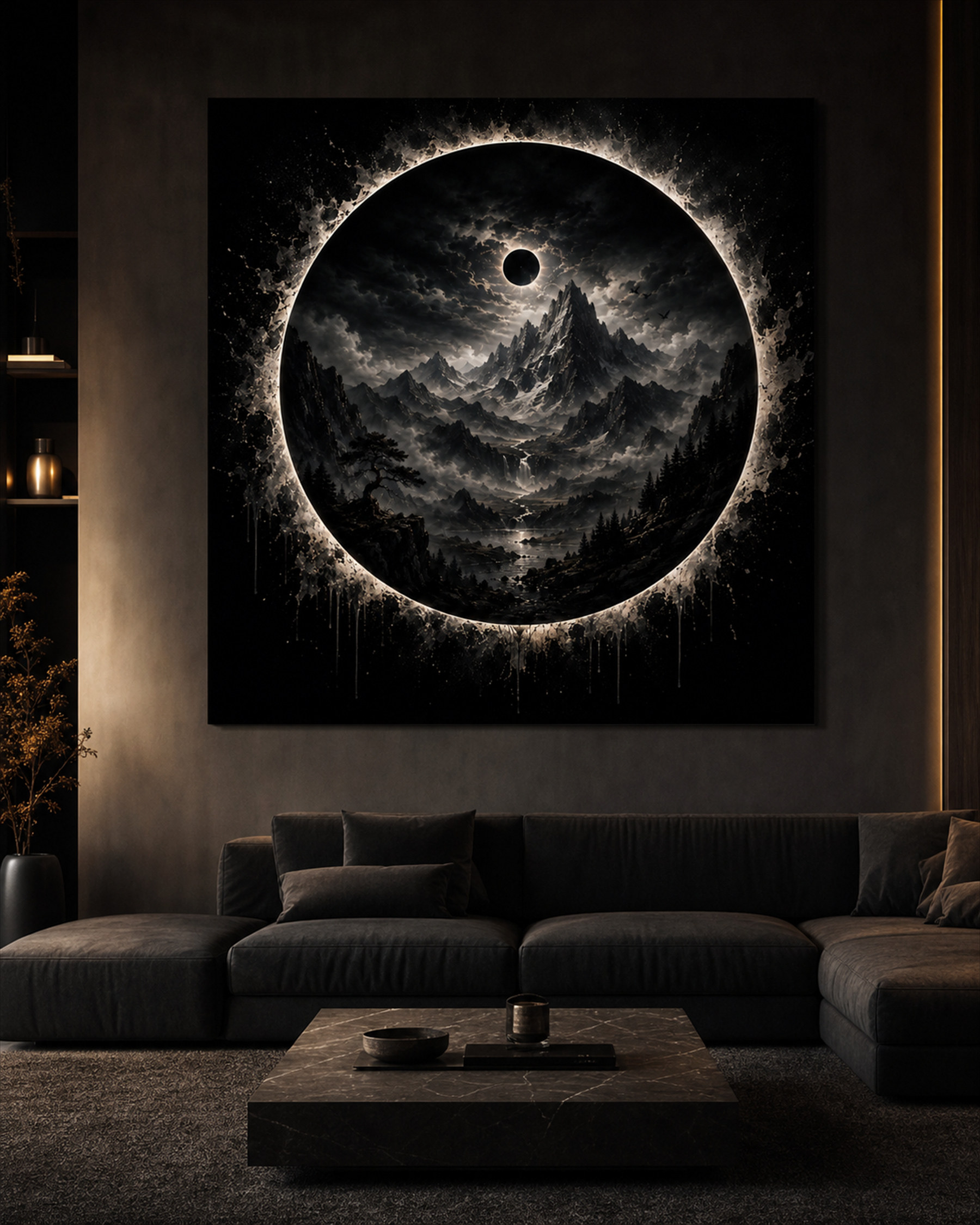 Schwarze Sonne über Bergwelt | Dunkles Alu-Dibond Wandbild