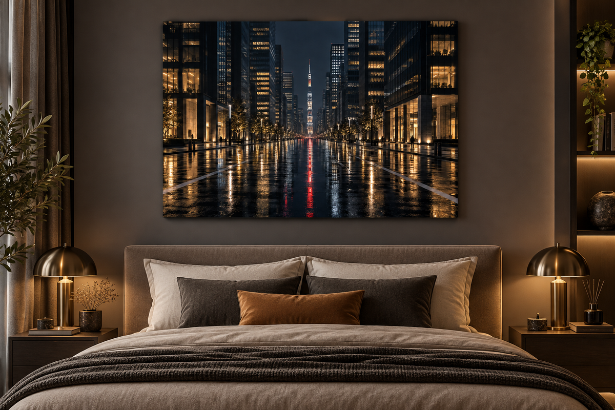 Nächtliche Allee mit Turm – Alu-Dibond Wandbild Stadt
