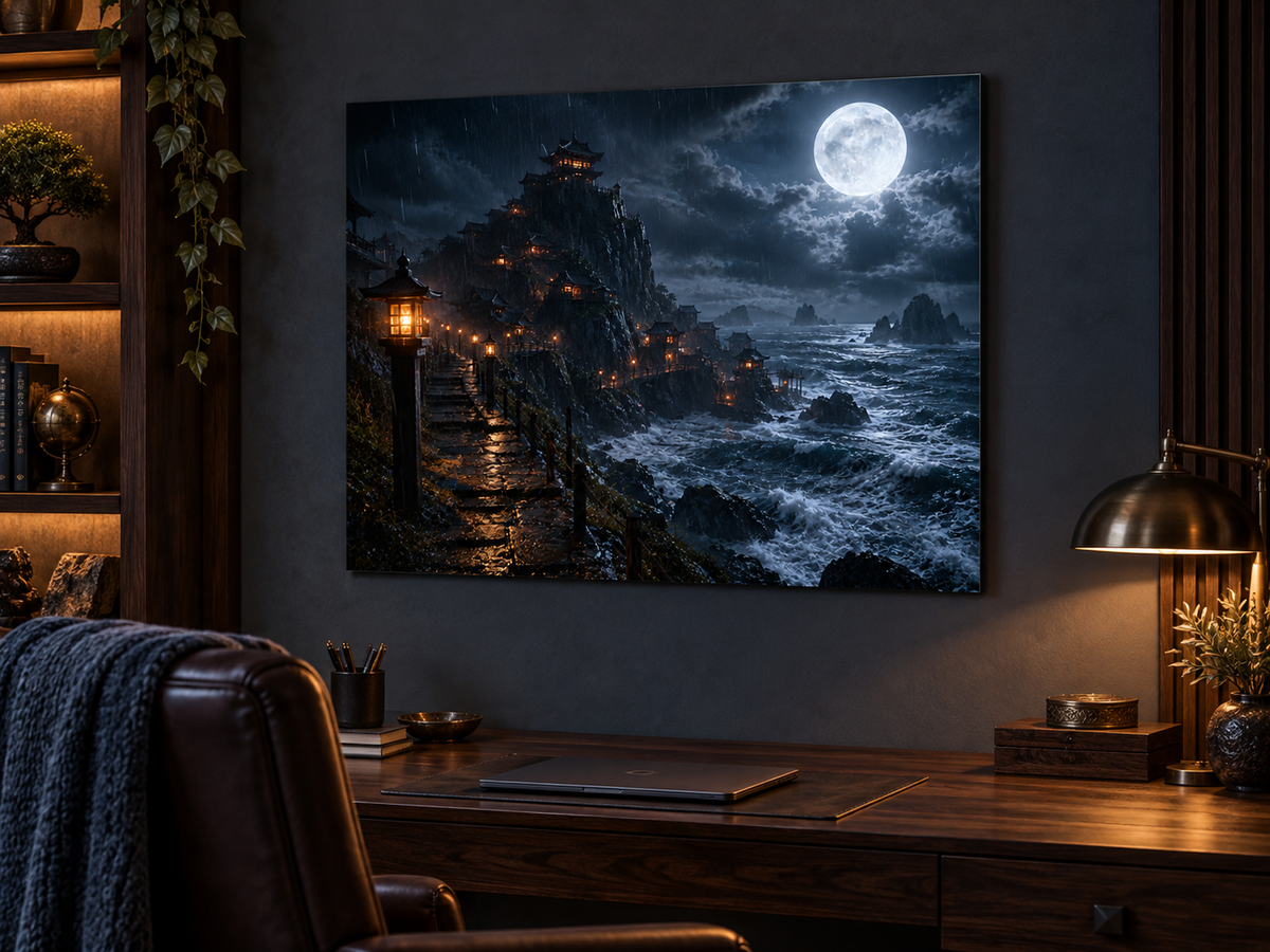 Klosterstadt am Meer bei Vollmond – Alu-Dibond Wandbild