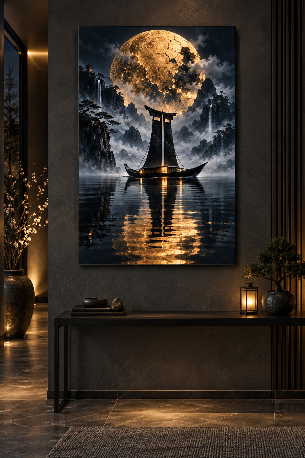 Schiff mit Torii-Segel vor Goldmond – Alu-Dibond Wandbild