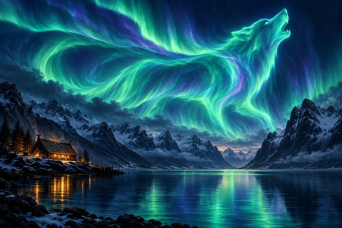 Polarlicht-Wolf über dem Fjord – Alu-Dibond Wandbild