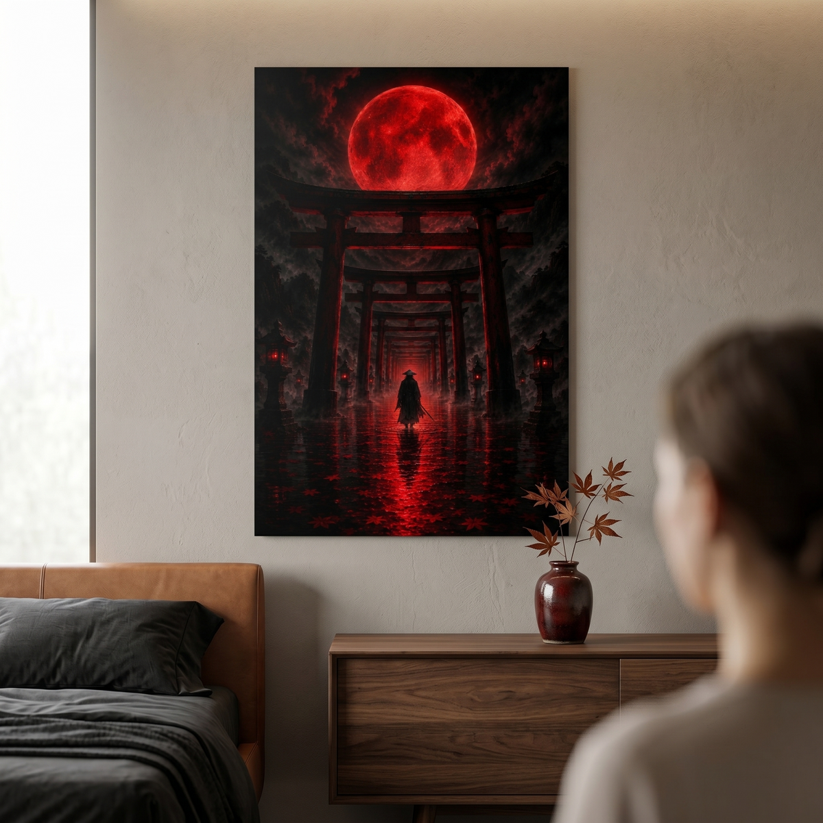 Torii-Tunnel mit Blutmond | Samurai Japan auf Alu-Dibond
