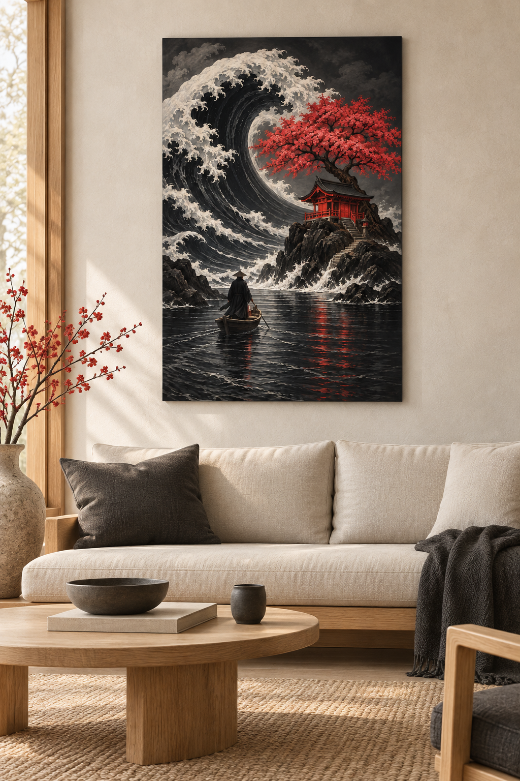 Welle und roter Schrein – Alu-Dibond Wandbild Hochformat