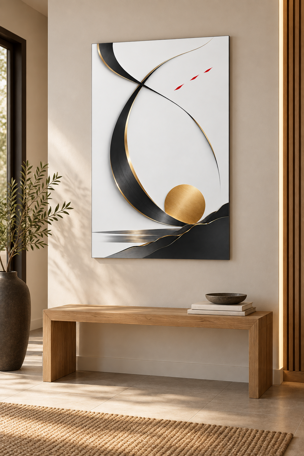 Kranich als Schwung in Schwarz und Gold – Alu-Dibond Bild