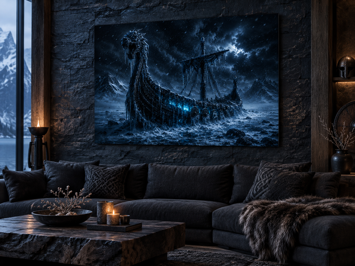 Vereistes Drachenschiff im Eismeer – Alu-Dibond Wandbild