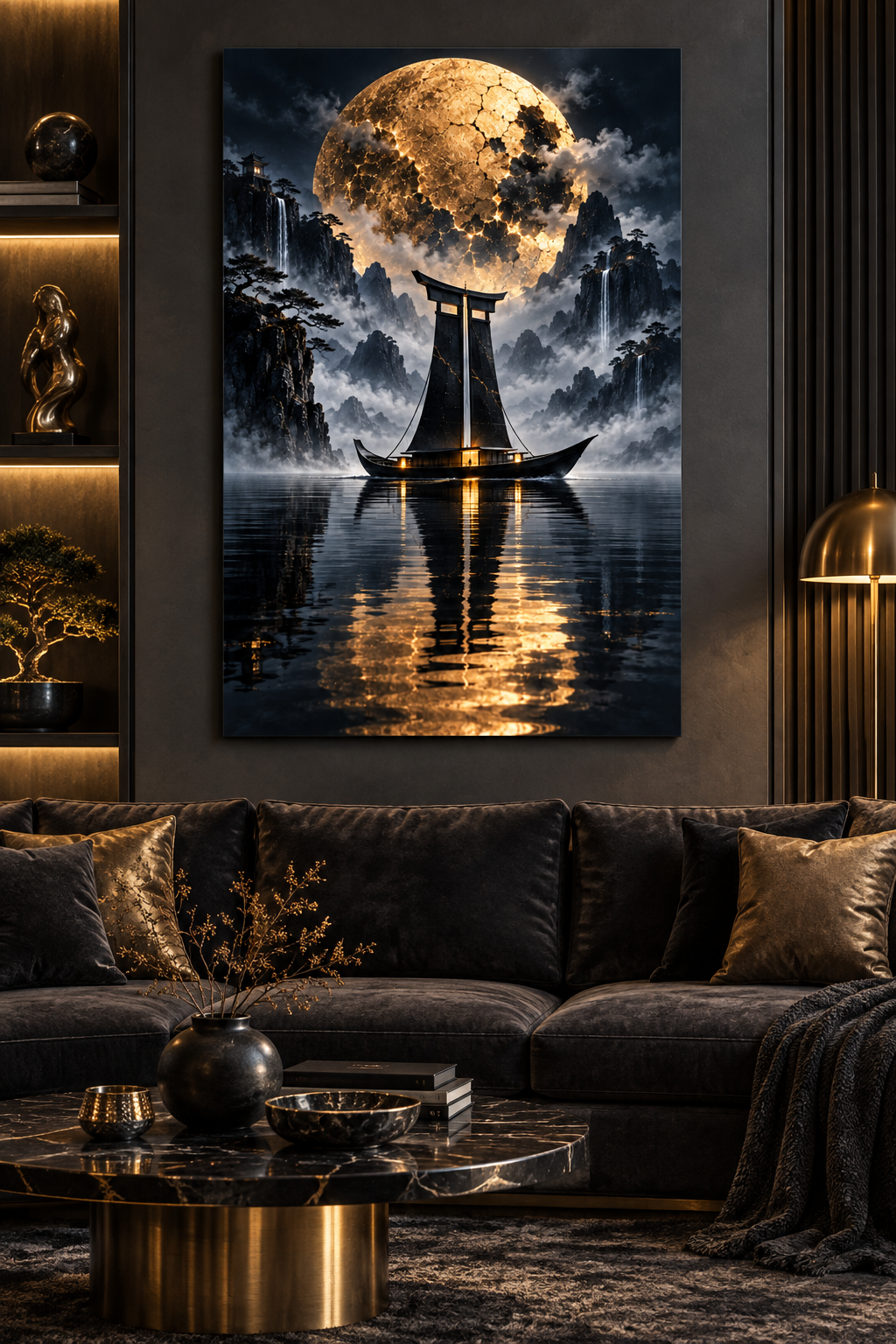 Schiff mit Torii-Segel vor Goldmond – Alu-Dibond Wandbild