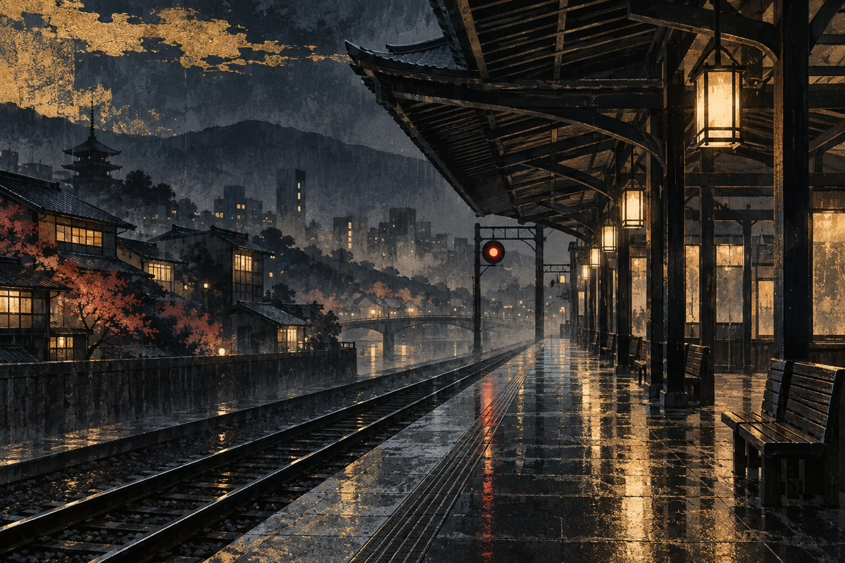 Bahnsteig im Regen bei Nacht – Alu-Dibond Wandbild Japan