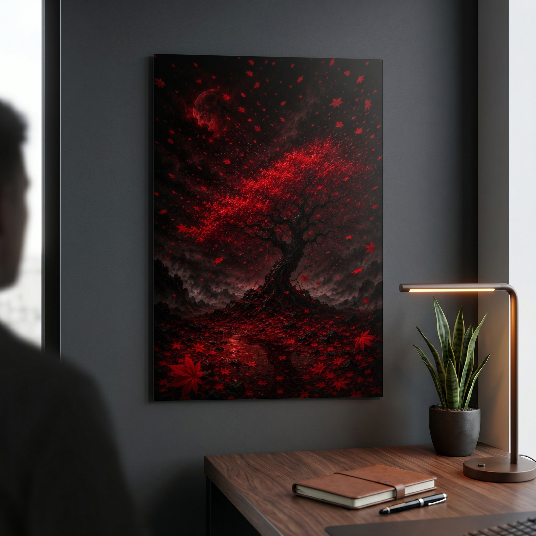 Roter Ahornbaum bei Nacht | Dramatisches Japan Alu-Dibond Wandbild
