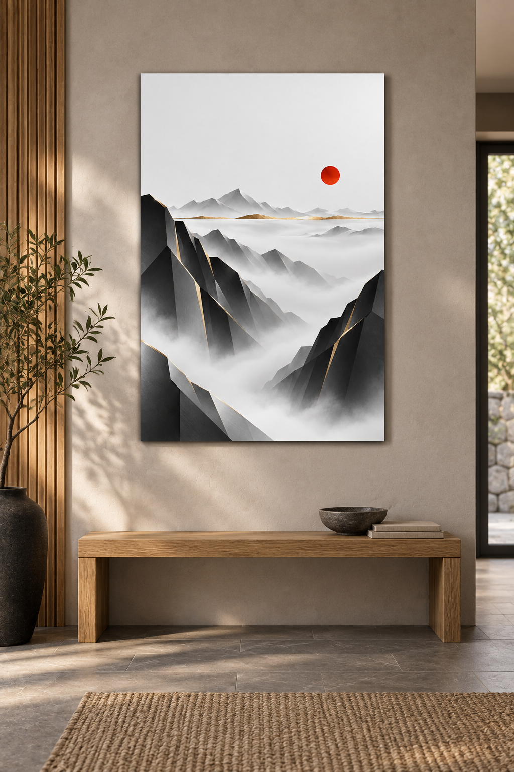 Berge im Nebel mit roter Sonne – Alu-Dibond Wandbild