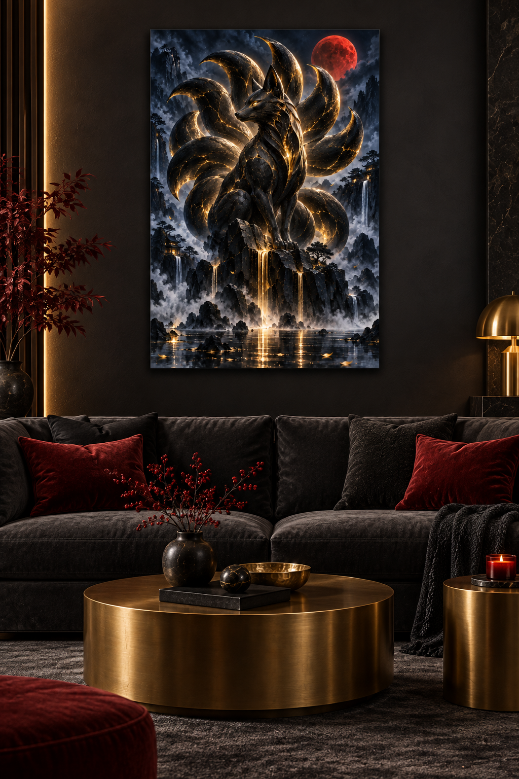 Kitsune und Blutmond – Alu-Dibond Wandbild Hochformat