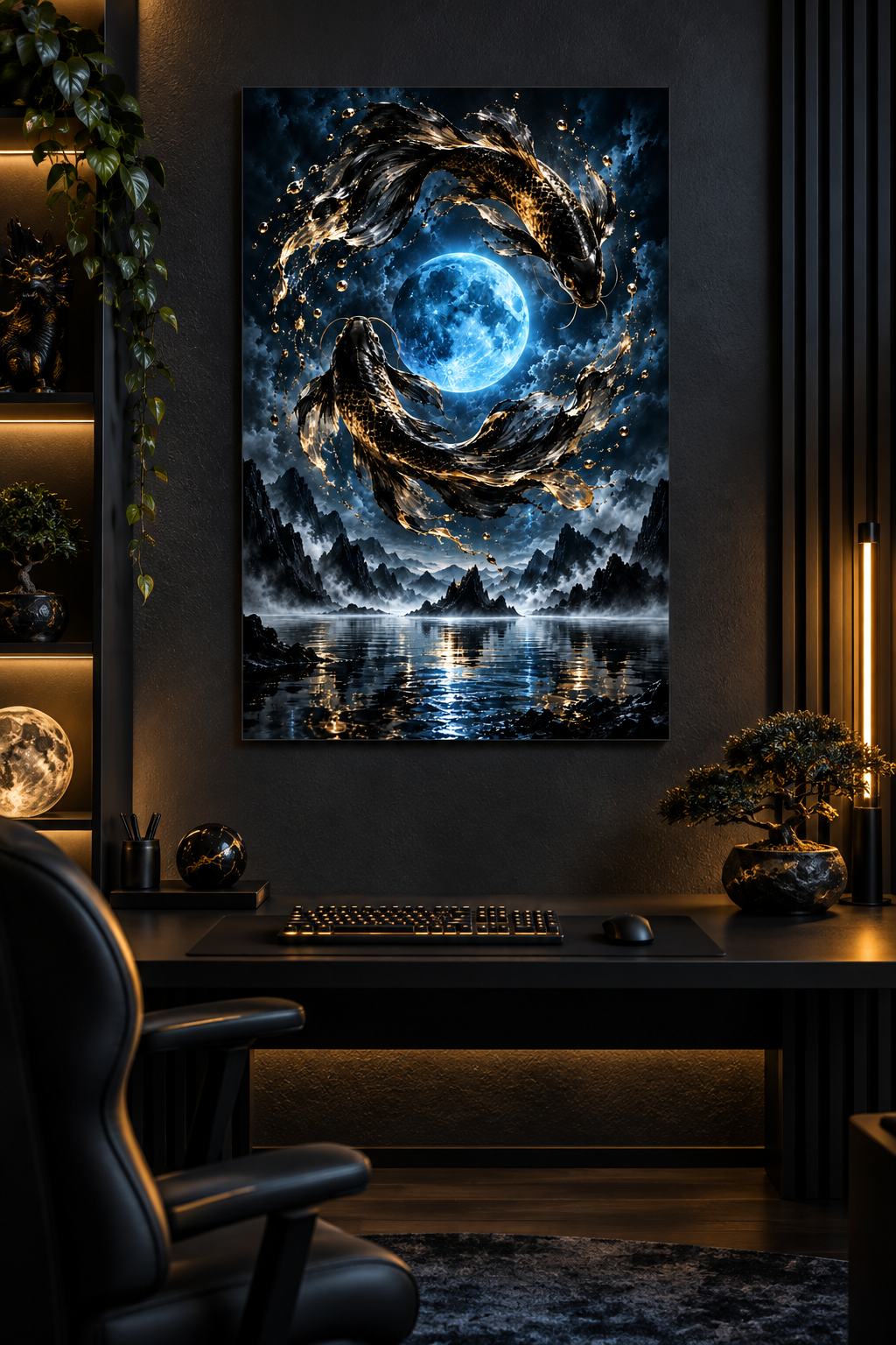 Koi um den blauen Mond – Alu-Dibond Wandbild Hochformat