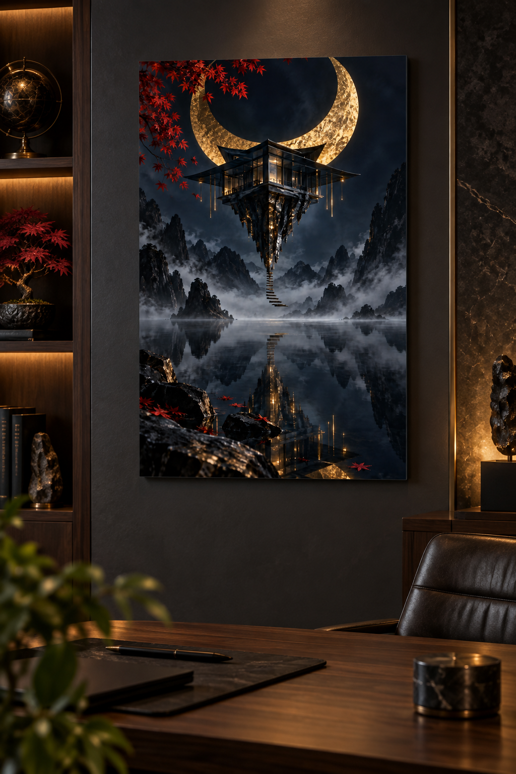 Schwebender Tempel unter Goldsichel – Alu-Dibond Bild