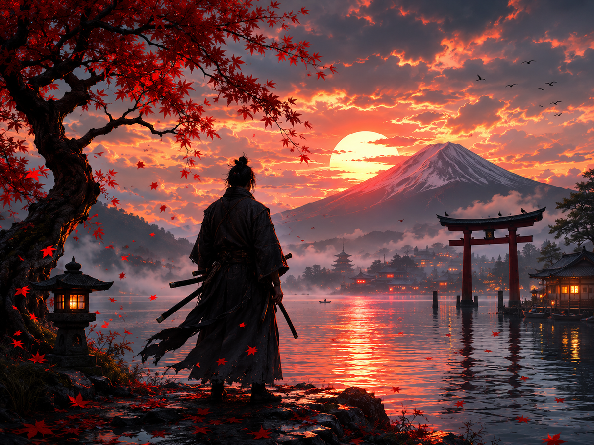 Samurai am See vor dem Fuji – Alu-Dibond Wandbild