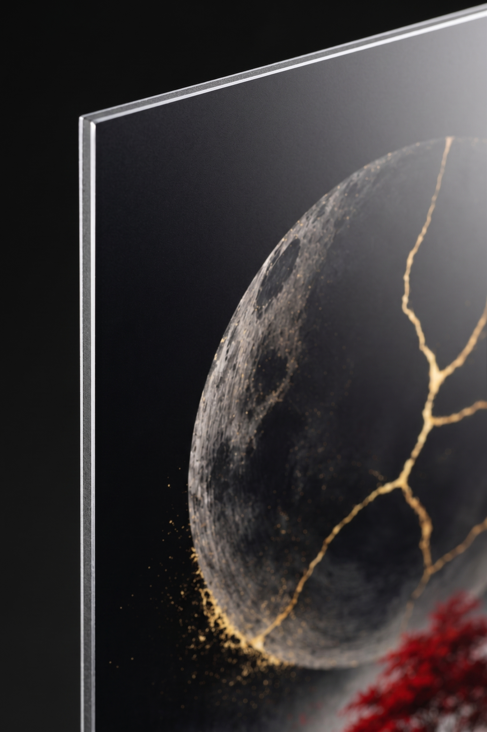 Kintsugi-Mond mit rotem Ahorn | Japanisches Alu-Dibond Wandbild