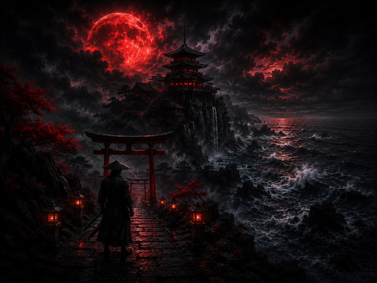Samurai vor dem Torii im Blutmond – Alu-Dibond Wandbild