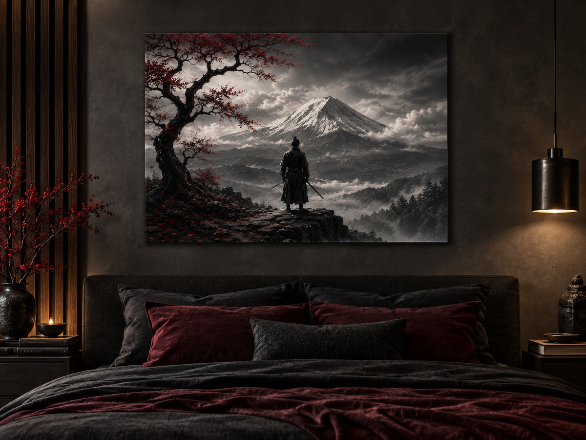 Samurai vor dem Fuji in Schwarz-Weiß – Alu-Dibond Bild