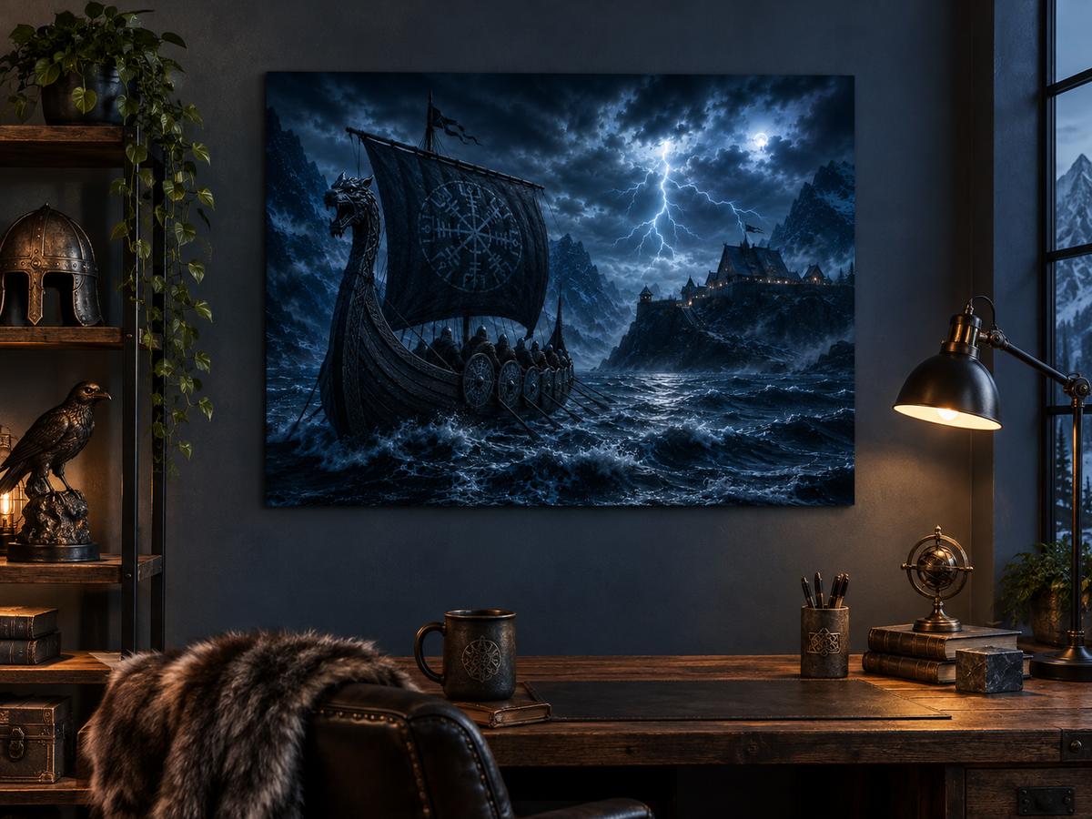 Wikingerschiff im Gewitter vor der Halle – Alu-Dibond Bild