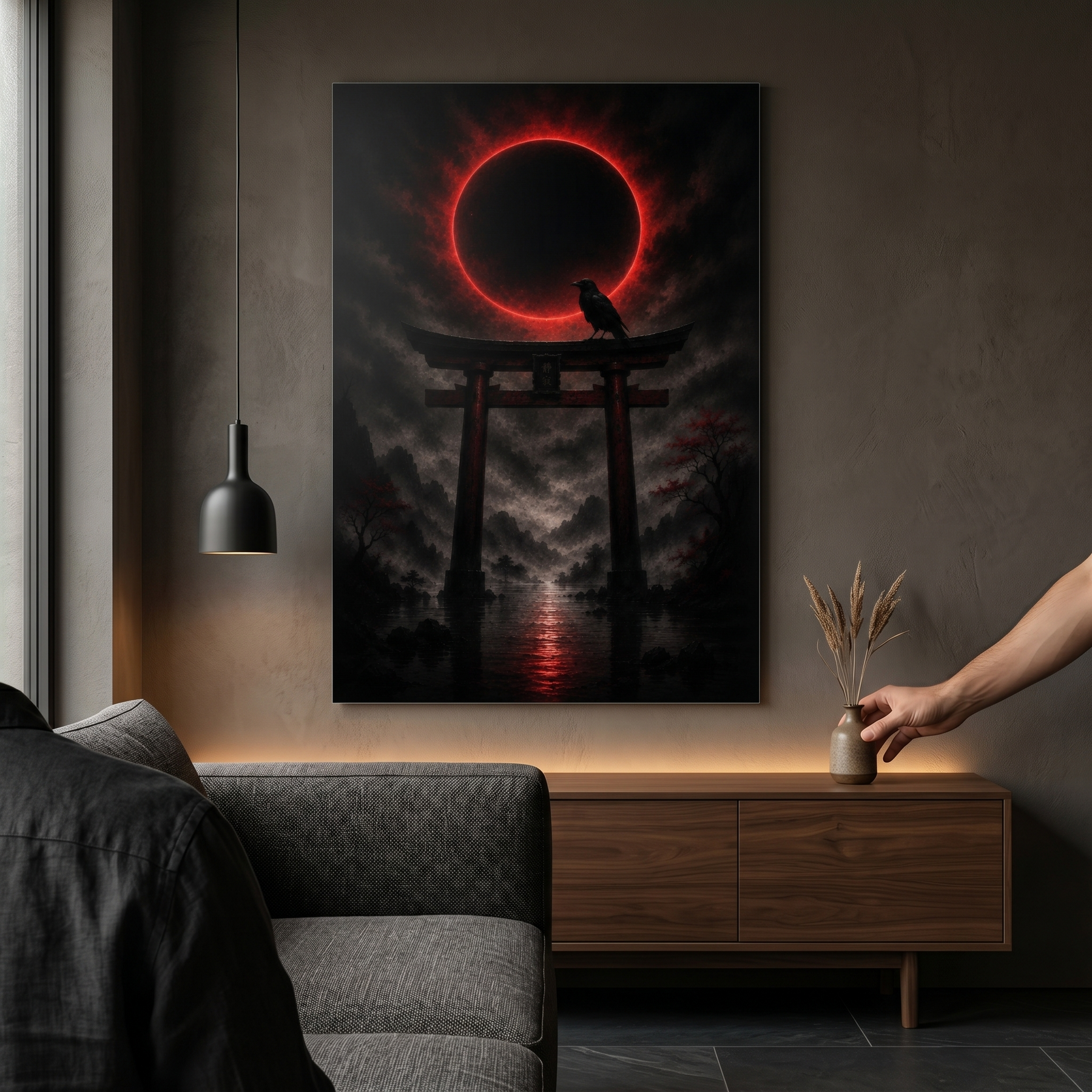 Torii-Tor bei Nacht mit Krähe | Blutmond auf Alu-Dibond