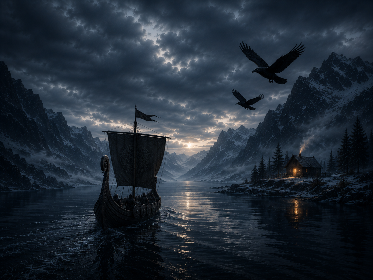 Wikingerschiff im Fjord mit zwei Raben – Alu-Dibond Bild
