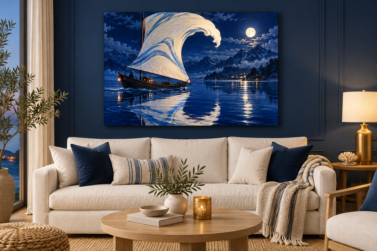 Segel als große Welle vor Vollmond – Alu-Dibond Wandbild